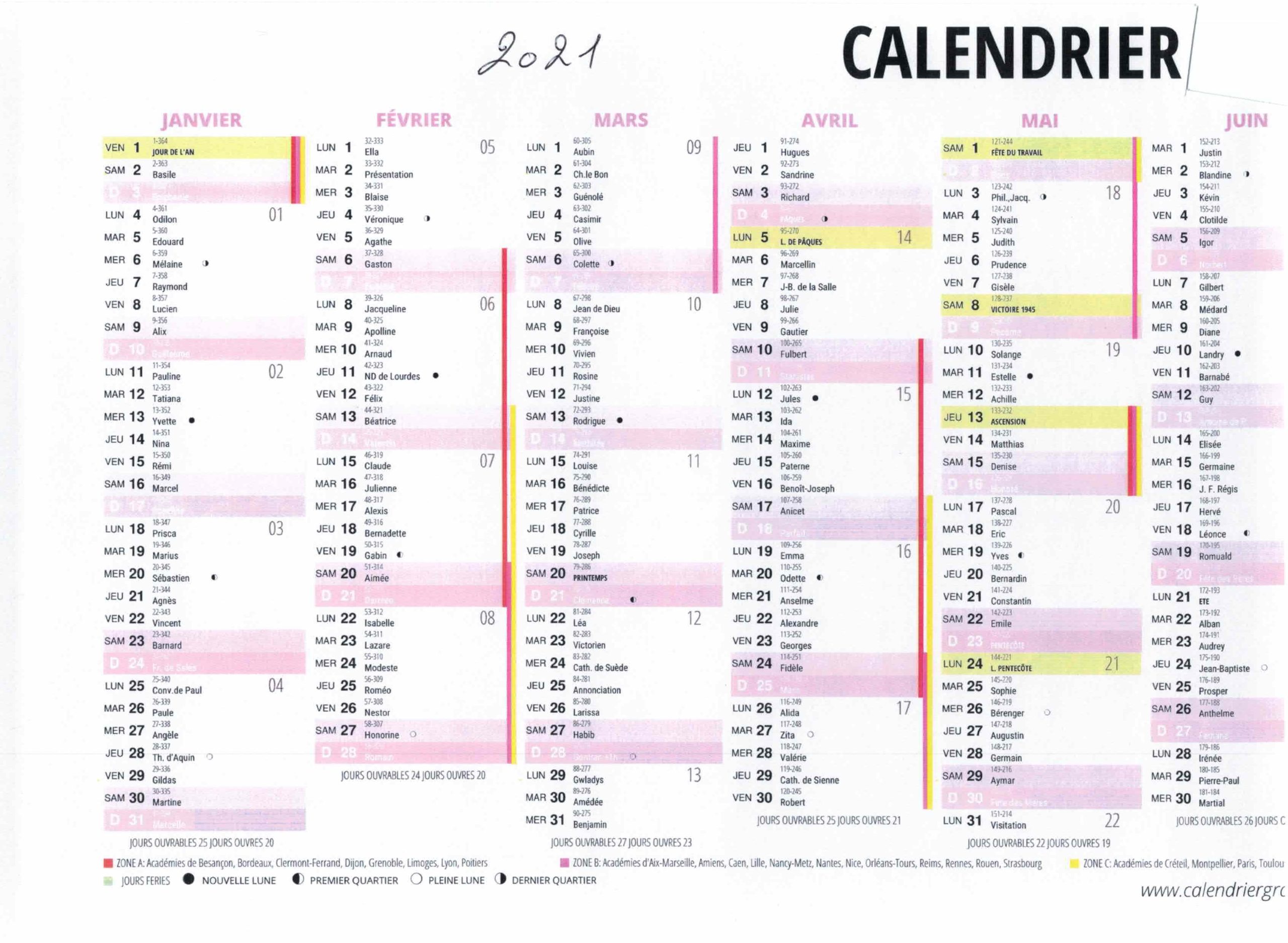 Calendrier du premier semestre regardez les correspondances.